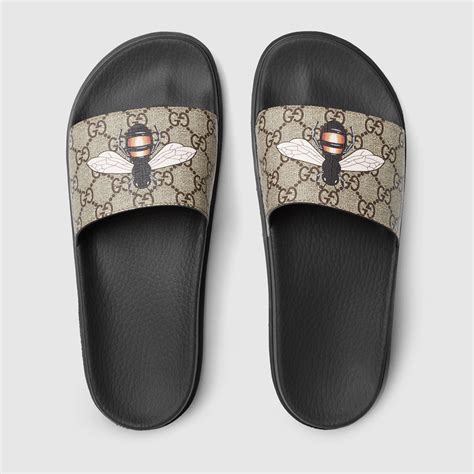 gucci bee print slides|Gucci bee accent slides.